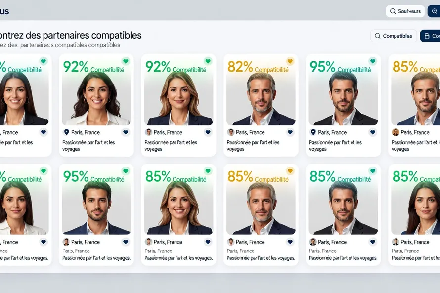 Interface Be2 montrant les profils compatibles sélectionnés par l'algorithme de compatibilité psychologique