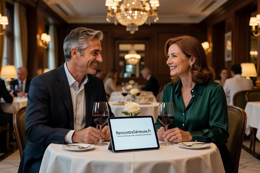 Couple de 45-50 ans souriant lors d'un premier rendez-vous dans un café, rencontre via site sérieux