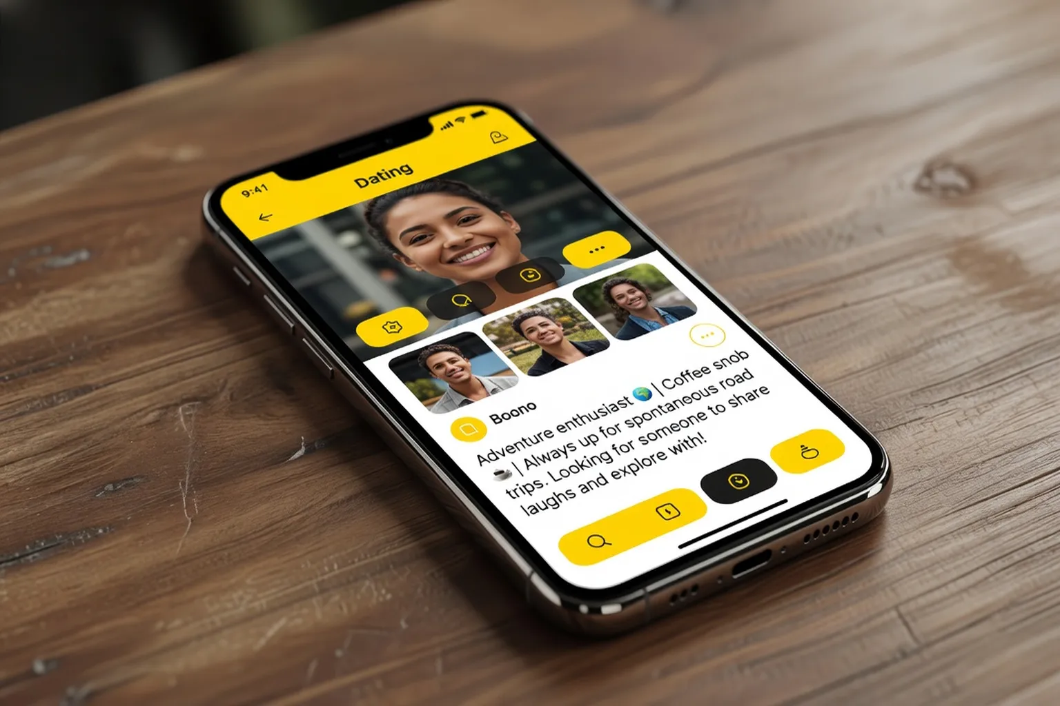 Interface de profil Bumble sur l'application mobile - photos, bio et badges de vérification