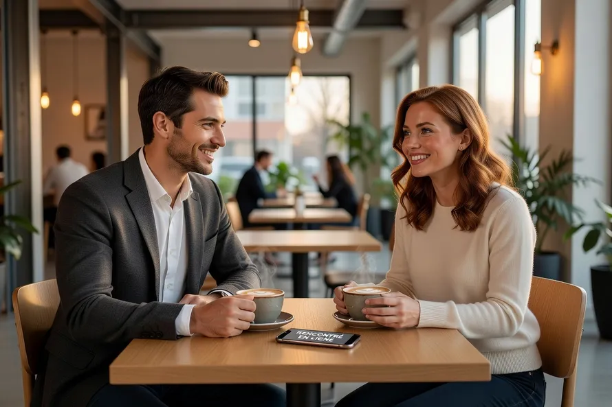 Homme et femme se retrouvant dans un café après s'être rencontrés via eDarling - premier rendez-vous réussi