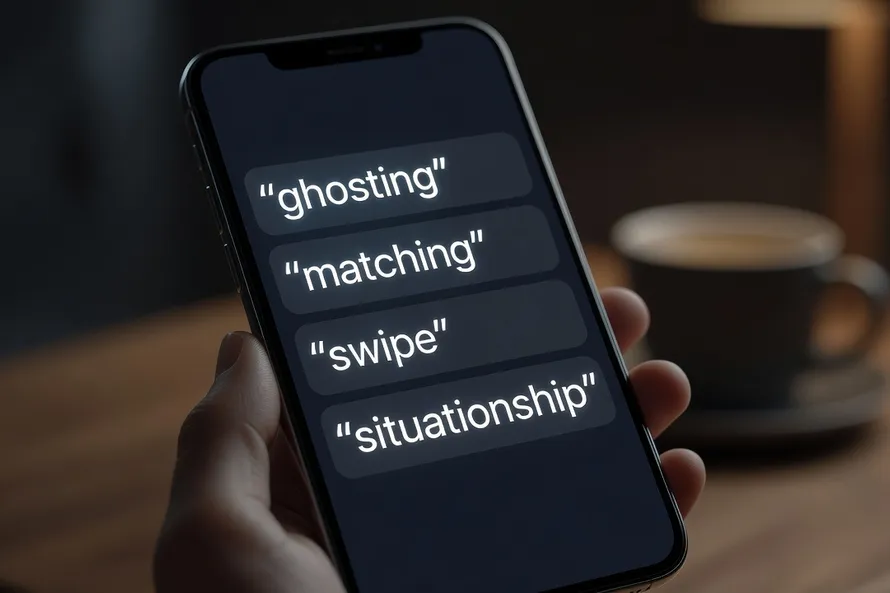 Termes de dating affichés sur un écran de smartphone - ghosting, matching, swipe, situationship