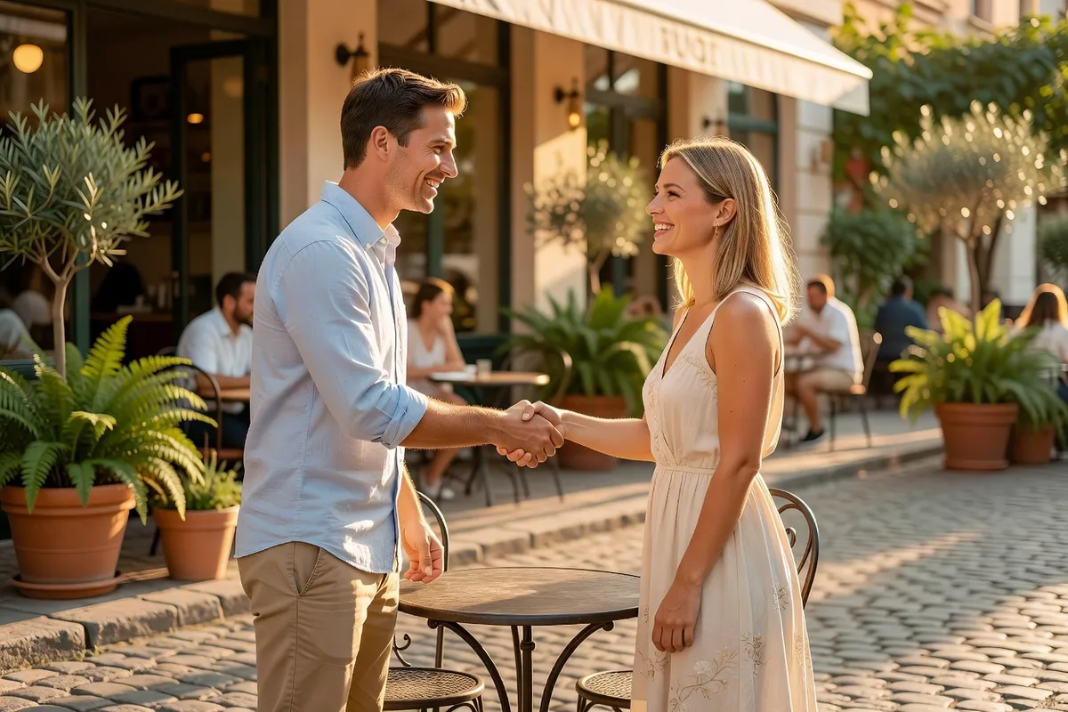 Couple lors d'un premier rendez-vous réussi, conversation détendue en terrasse