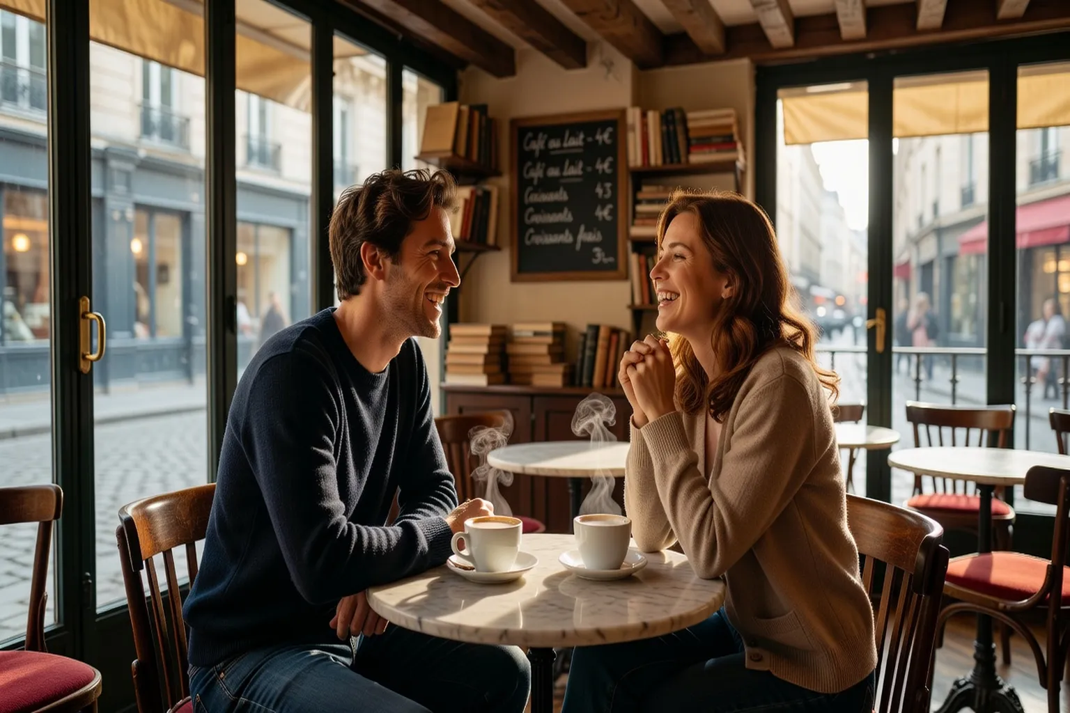 Couple lors d'un premier rendez-vous dans un café, échange détendu et souriant
