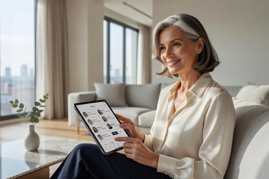 Femme élégante de 50 ans qui utilise une application de rencontre sur tablette avec un sourire confiant