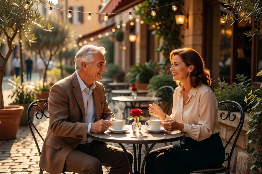Couple mature de 50 ans en premier rendez-vous dans un café, atmosphère chaleureuse et décontractée