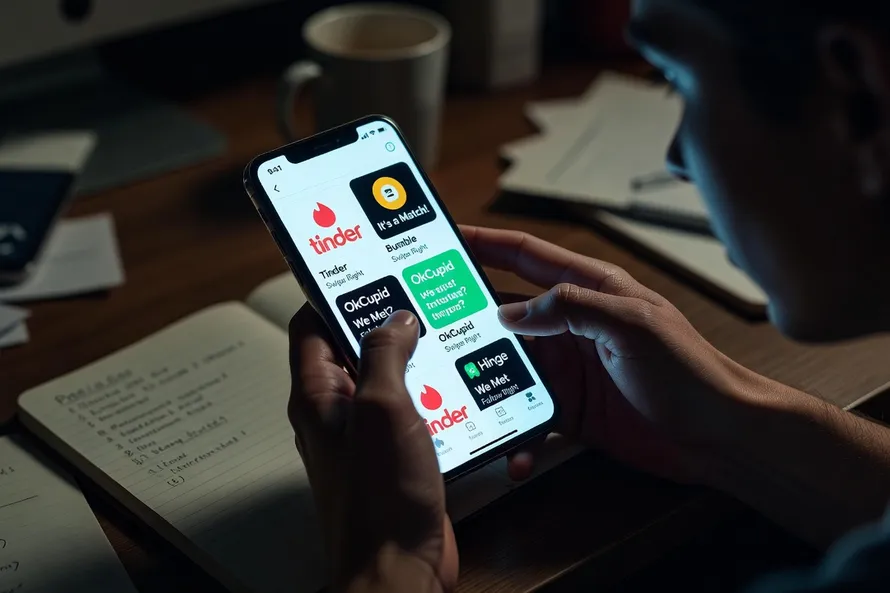 Personne comparant plusieurs applications de rencontre gratuites sur son smartphone - Tinder, Bumble, Hinge