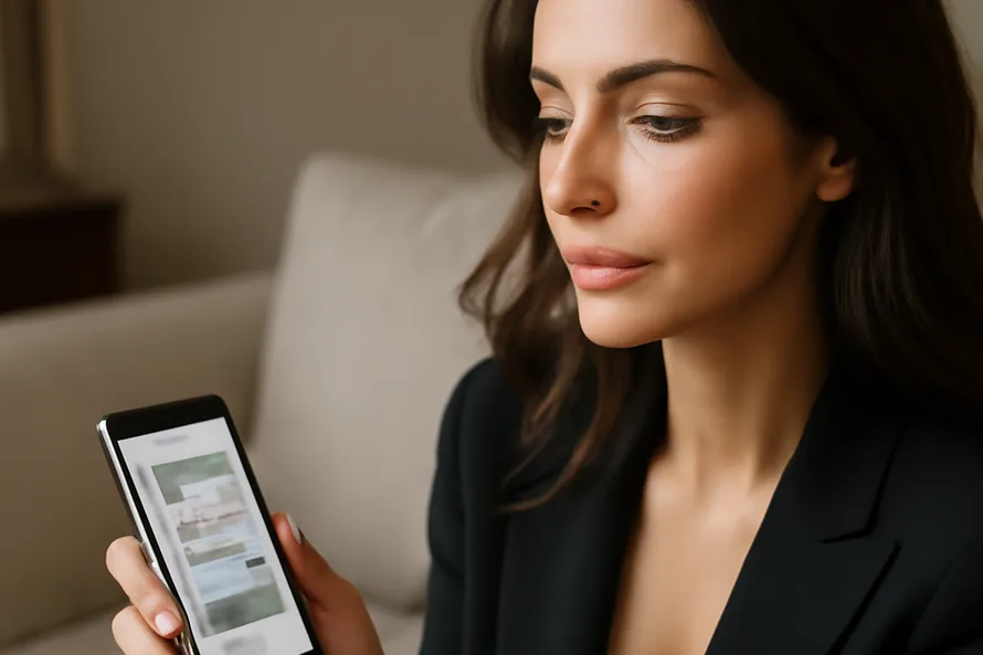 Mains tenant un smartphone affichant une conversation floutee