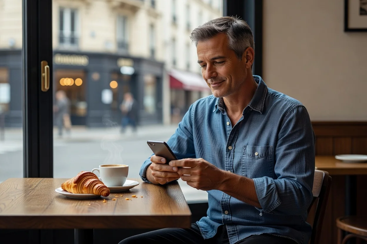 Homme de 47 ans en chemise en jean utilisant son smartphone dans un café parisien, tasse de café et croissant sur la table