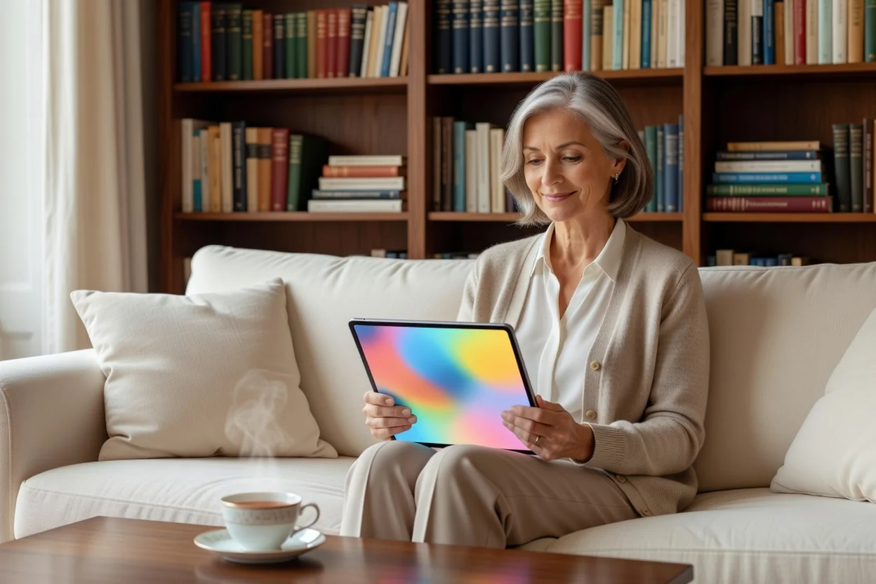 Femme senior souriante consultant une tablette dans son salon pour rejoindre des sorties et discussions de sa région