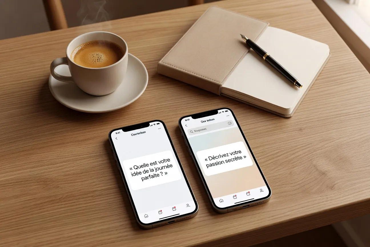 Deux smartphones côte à côte montrant la création de profil Hinge avec des prompts personnalisés