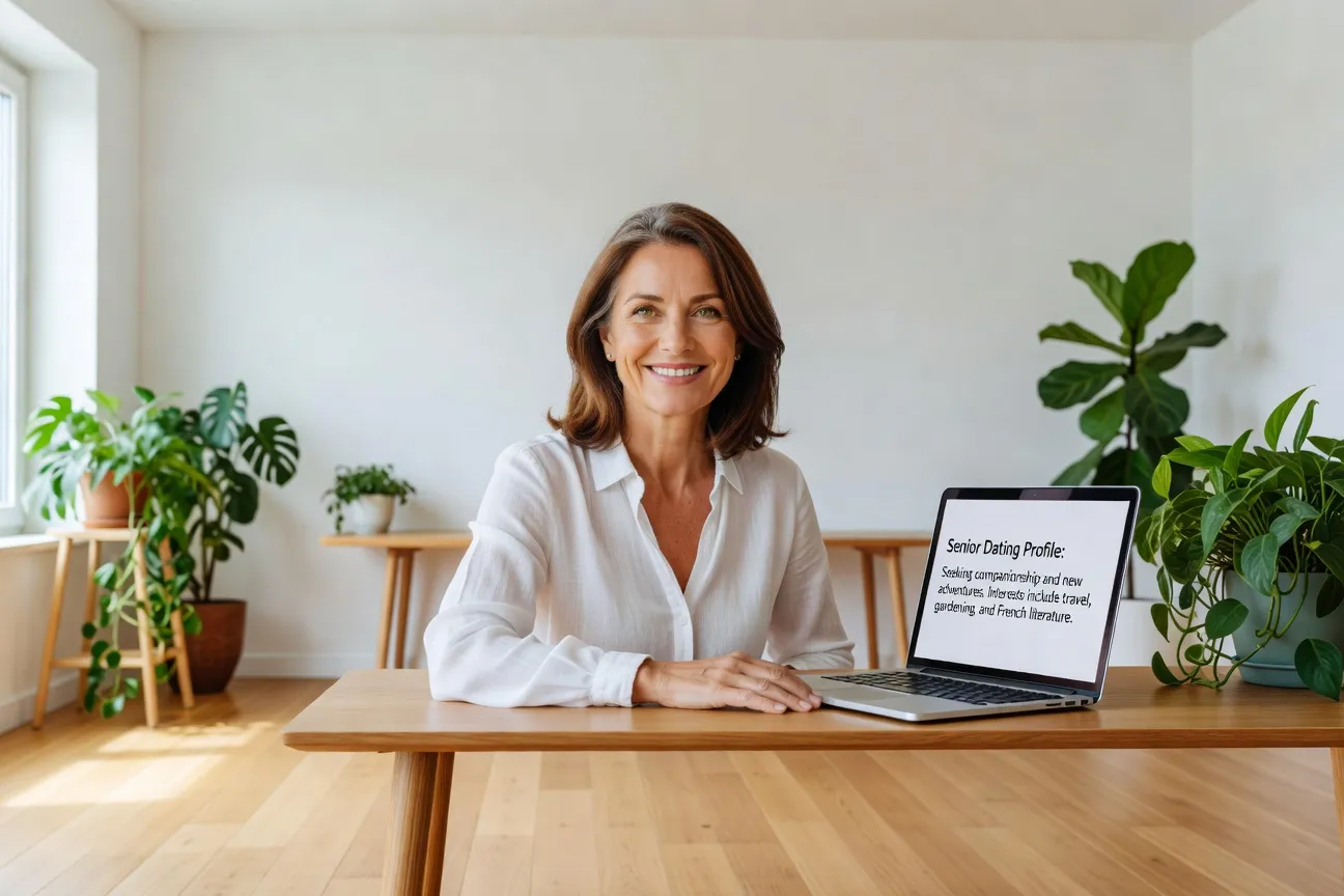 Femme de 52 ans souriante devant son ordinateur montrant un profil Quintonic