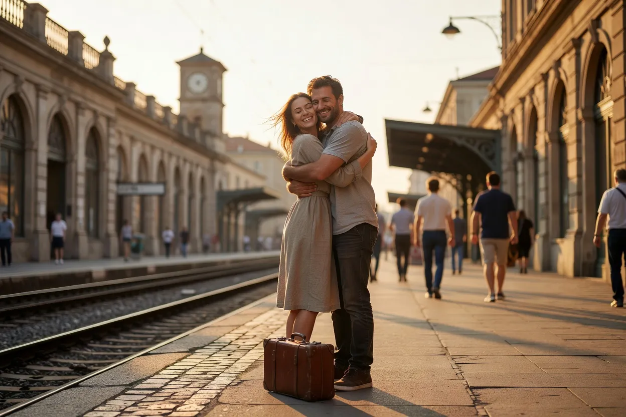 Couple se retrouvant avec émotion sur un quai de gare ensoleillé, la femme dans les bras de l'homme avec une valise ancienne à leurs pieds