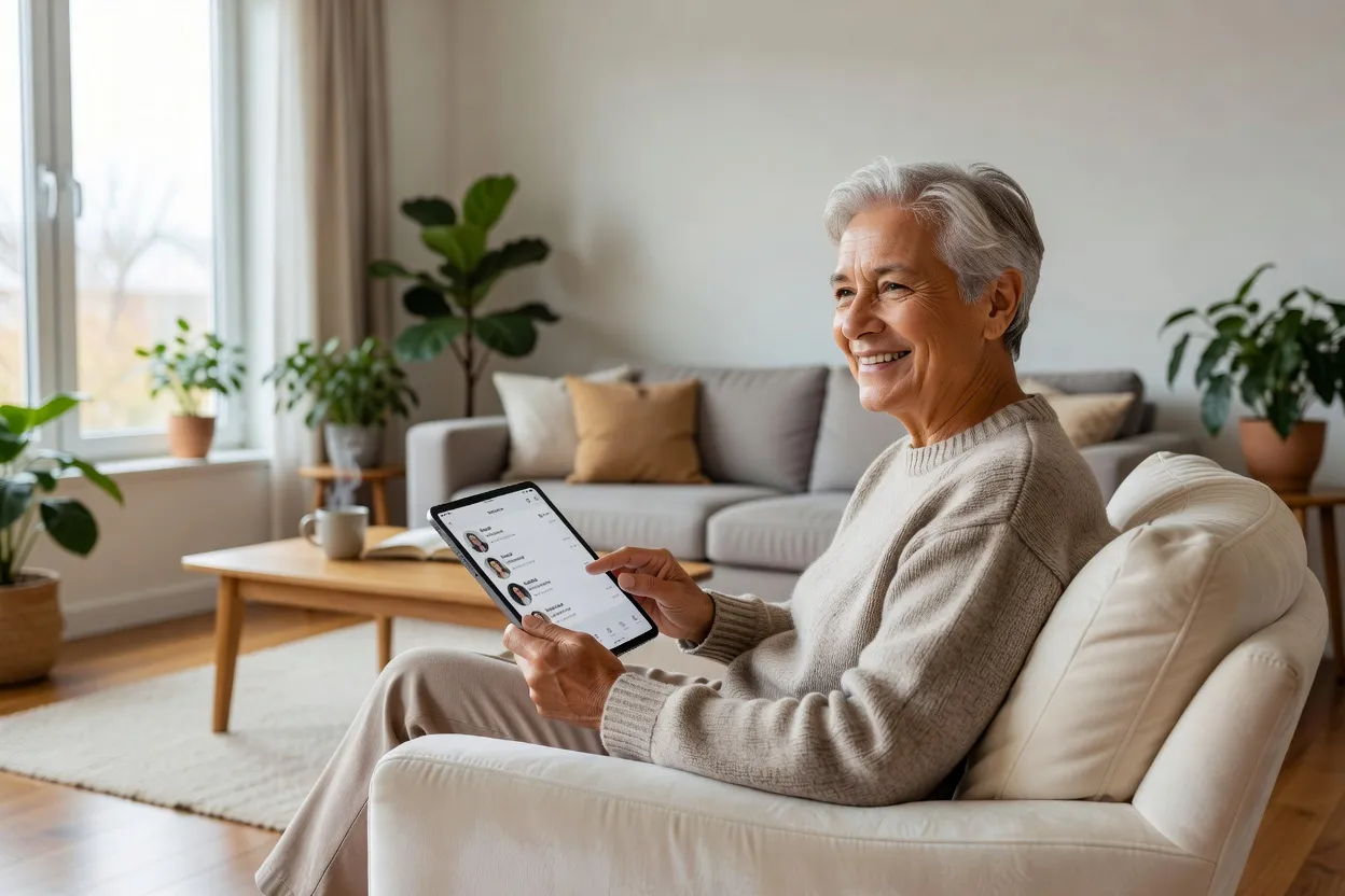 Senior souriant en train de consulter une application de rencontre sur sa tablette dans son salon