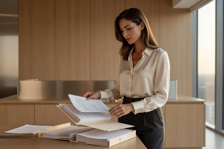Mains feminines rangeant des documents administratifs dans un dossier, alliance visible au doigt