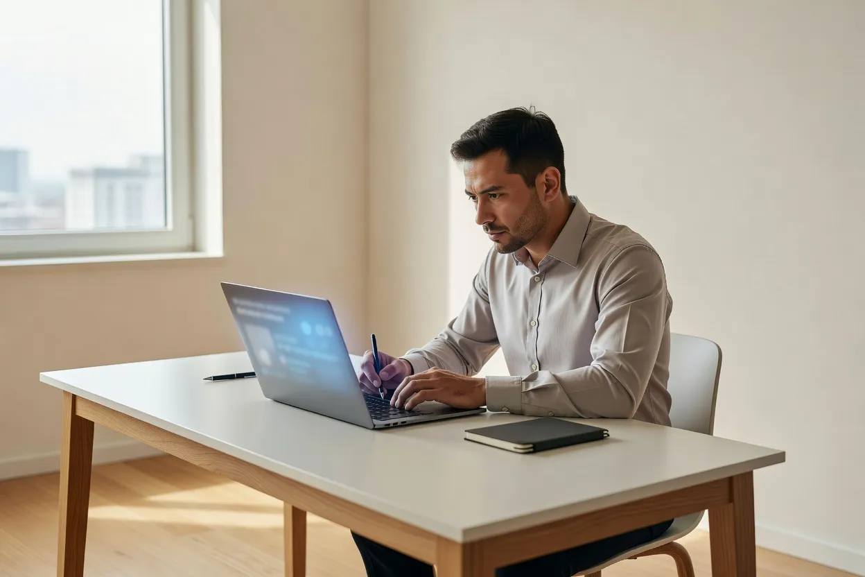 Personne complétant un test de personnalité sur un ordinateur portable dans un appartement lumineux