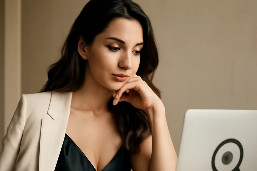 Femme verifiant un profil sur un ordinateur portable