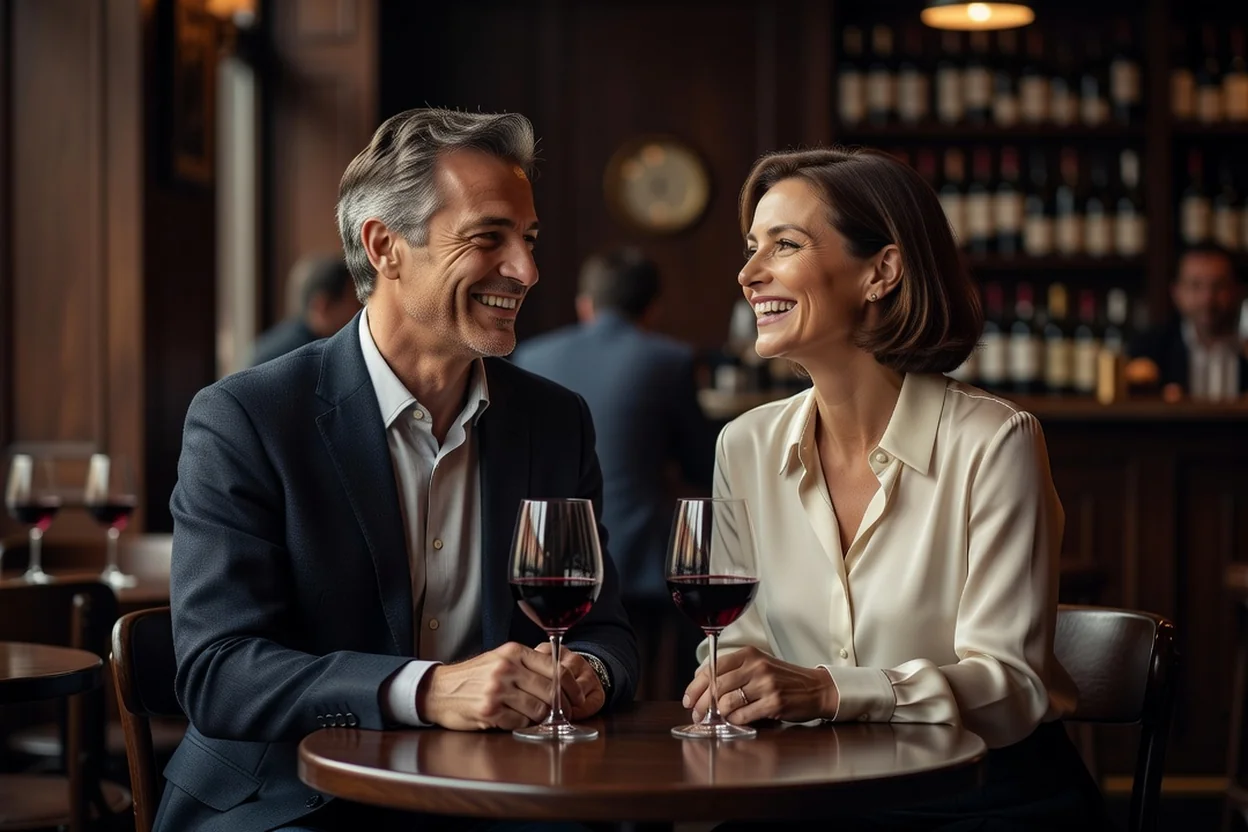 Couple d'adultes de 45 à 55 ans riant ensemble lors d'un premier rendez-vous dans un bar à vin, deux verres de vin rouge sur la table