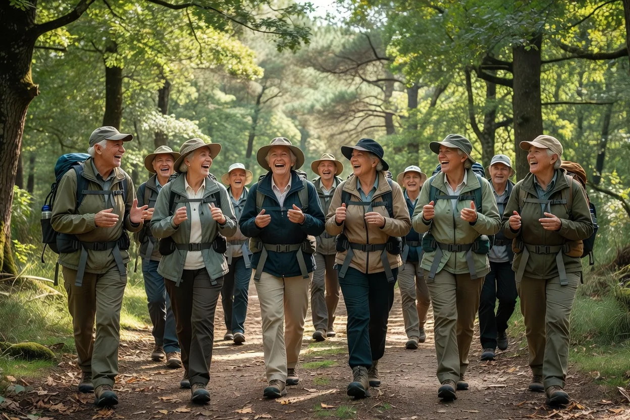 Groupe de seniors équipés pour la randonnée marchant et riant sur un sentier forestier ensoleillé