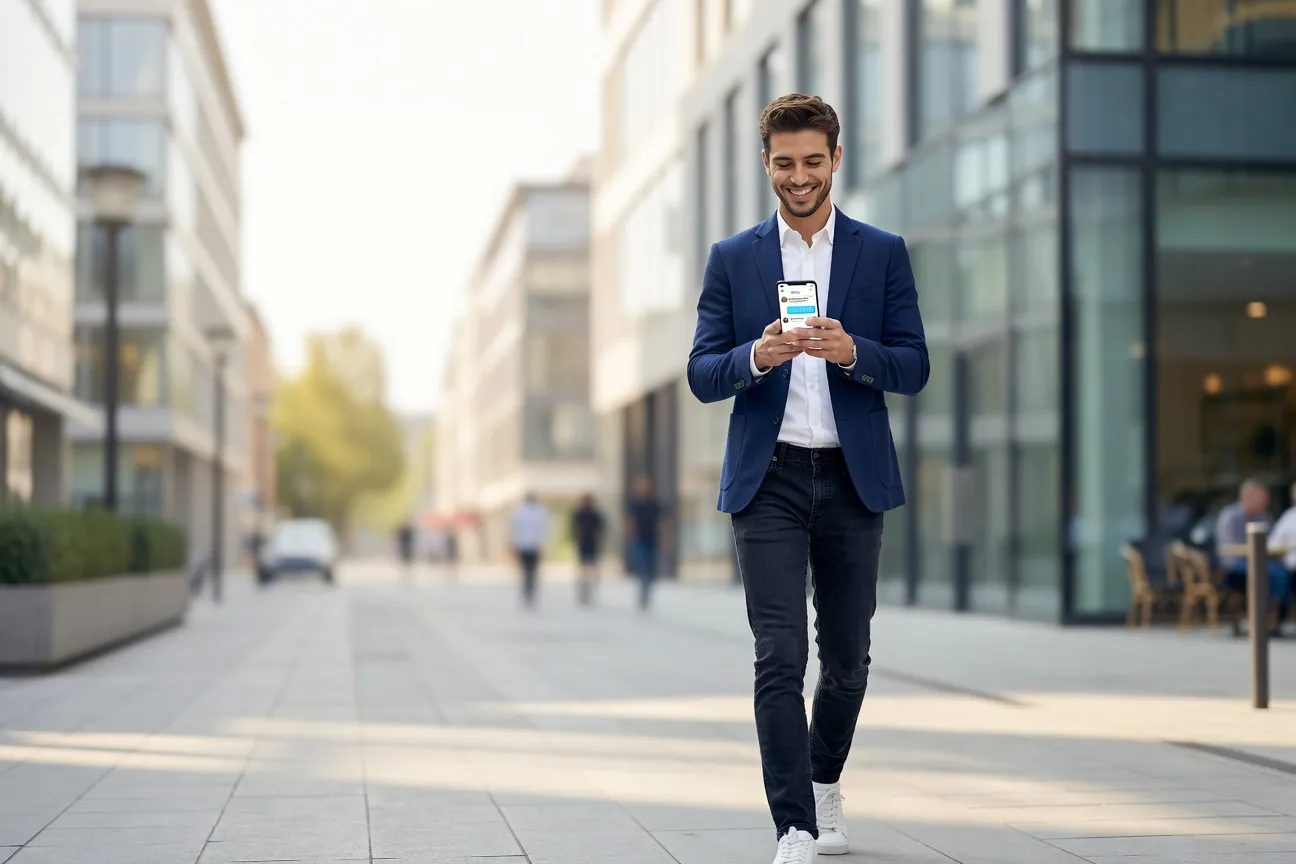 Jeune professionnel français regardant son téléphone montrant un match Hinge, souriant