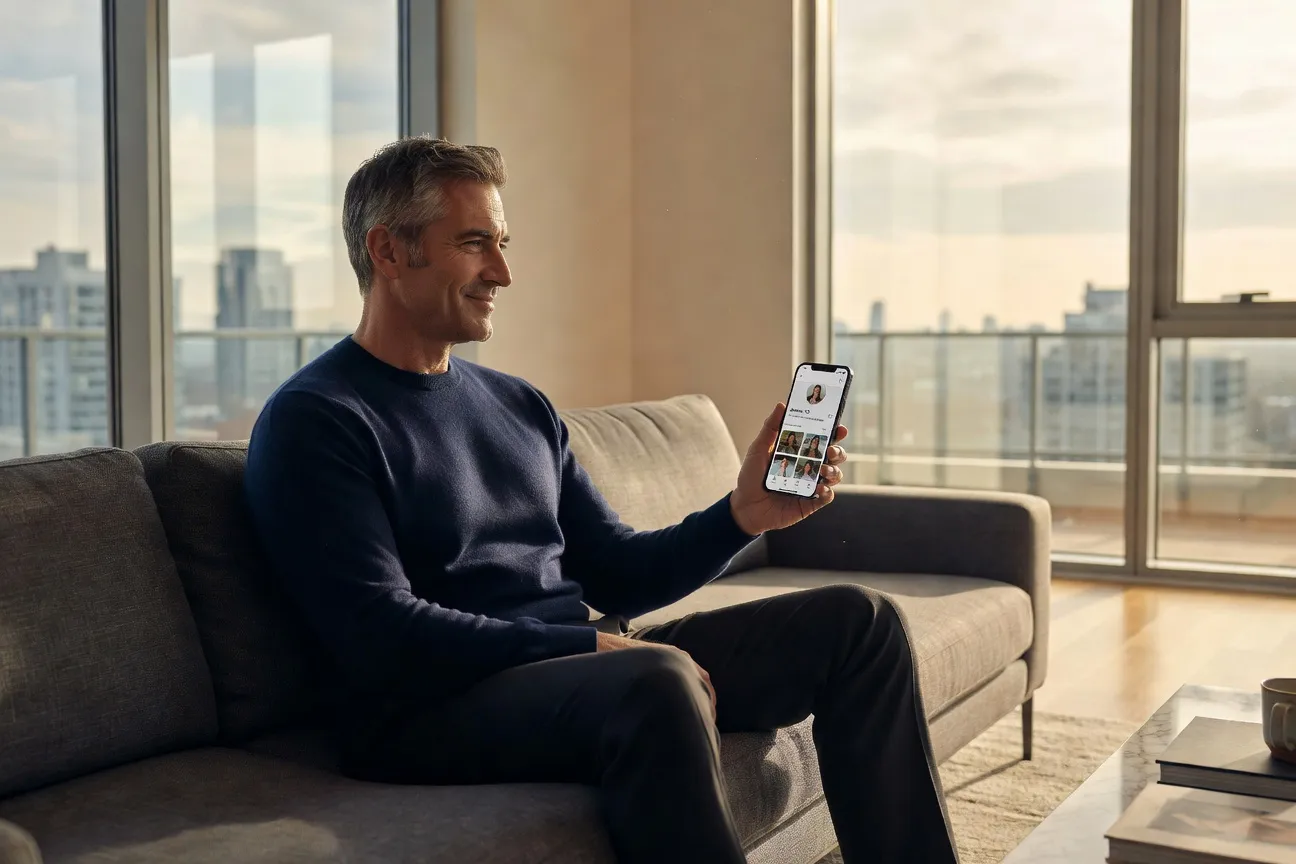 Homme de 50 ans utilisant une application de rencontre sur smartphone dans un salon moderne