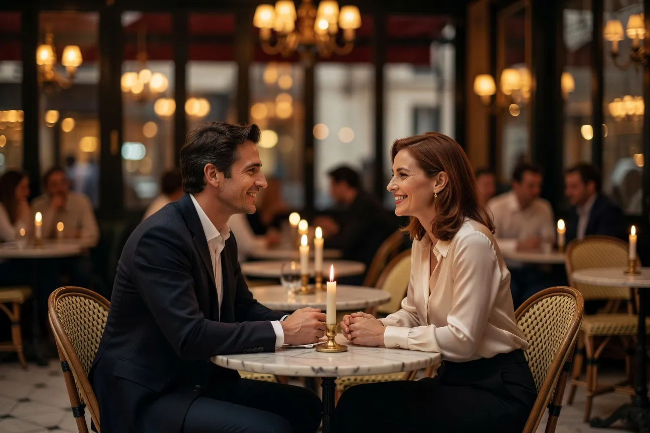 Couple de 35-45 ans à un premier rendez-vous dans un café parisien, ambiance naturelle