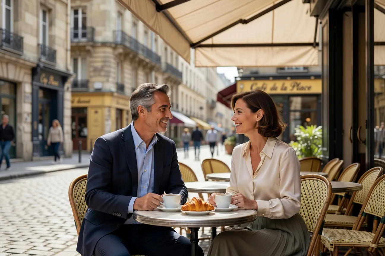 Couple mature de 50-60 ans à une première rencontre dans un café, élégants et souriants