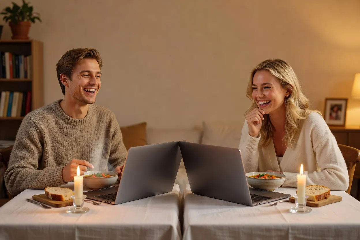 Couple partageant un dîner aux chandelles par visioconférence, chacun derrière son ordinateur portable dans son salon, riant ensemble