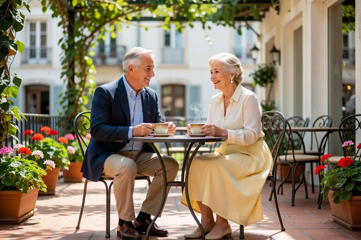 Deux seniors partageant un café en terrasse lors d'un premier rendez-vous en toute confiance