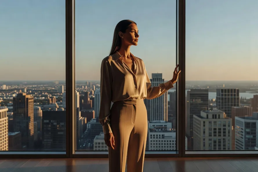 Femme pensive devant une baie vitree avec vue urbaine, symbolisant une reflexion sur l'avenir