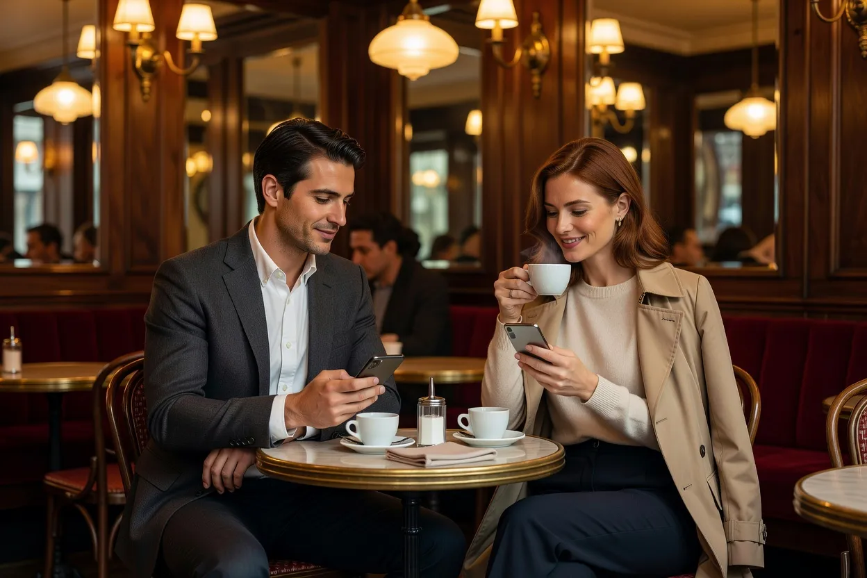 Homme et femme discutant autour d'un café tout en consultant leurs smartphones dans une brasserie parisienne