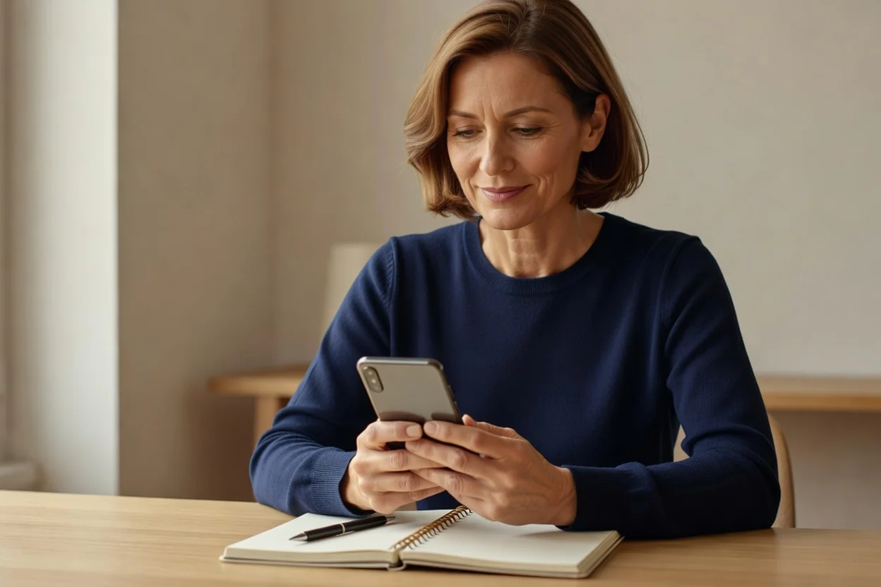 Femme de 50 ans concentrée répondant à un questionnaire de personnalité sur son smartphone, carnet et stylo posés sur le bureau