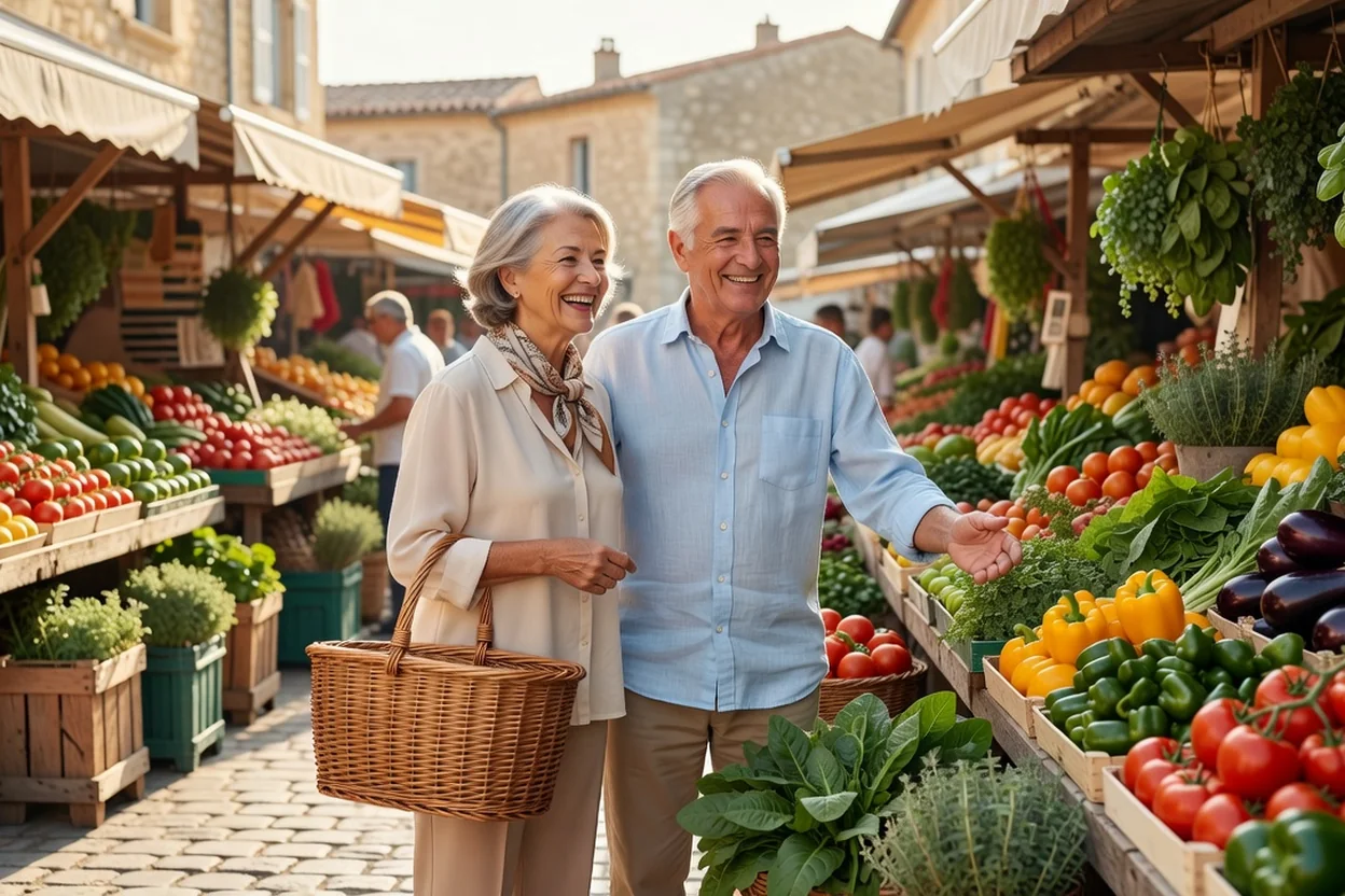 Couple senior souriant faisant ses courses avec un panier en osier sur un marché provençal ensoleillé
