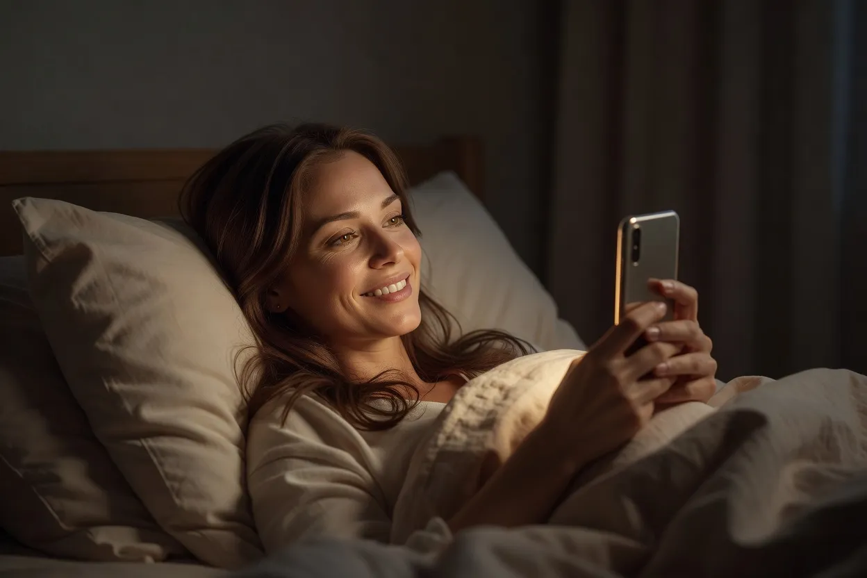 Femme souriante allongée dans son lit la nuit pendant un appel vidéo sur son smartphone, la lumière chaude de l'écran sur son visage