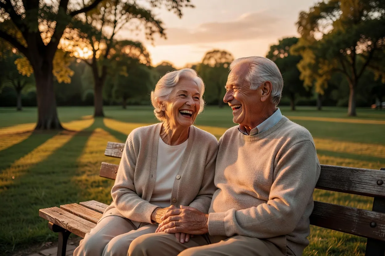 Couple senior riant ensemble sur un banc au coucher du soleil, illustrant une relation sereine construite après 60 ans