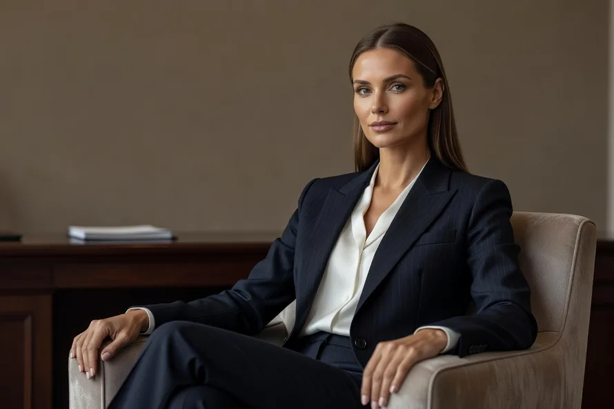 Femme en consultation juridique, posture confiante et attentive dans un bureau feutre