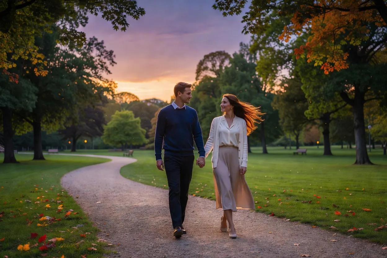 Couple se tenant la main en marchant dans un parc au crépuscule, symbole d'une relation sereine construite en ligne