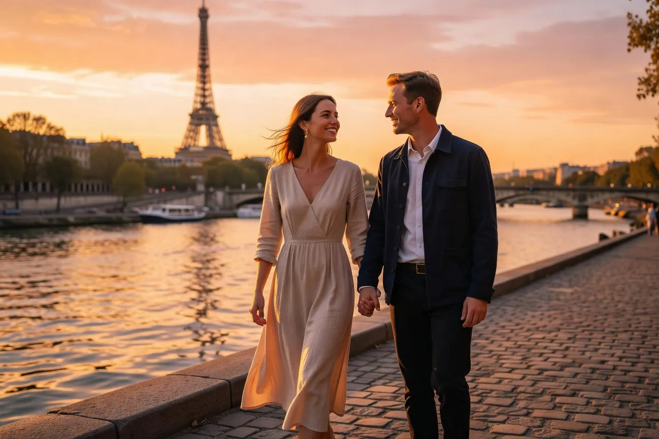 100 idees de rendez-vous romantique 2026 - couple parisien lumiere doree