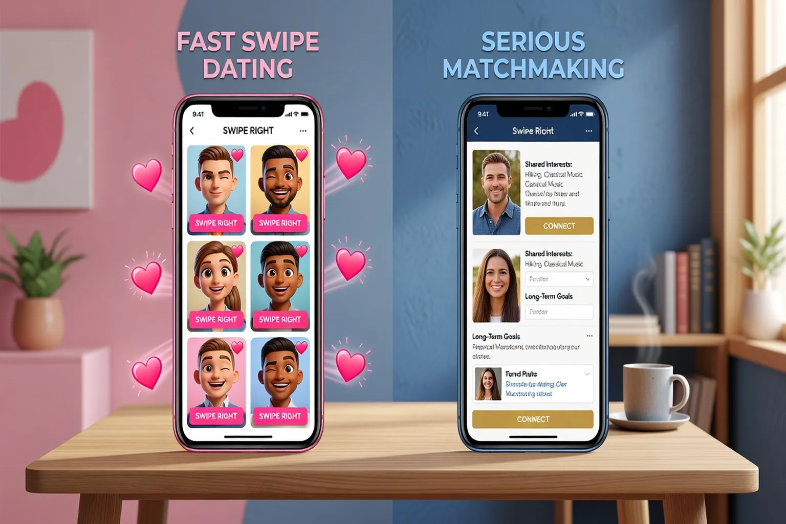 Comparatif entre une application de rencontre sérieuse et Tinder sur deux smartphones - swipe rapide contre matching par compatibilité