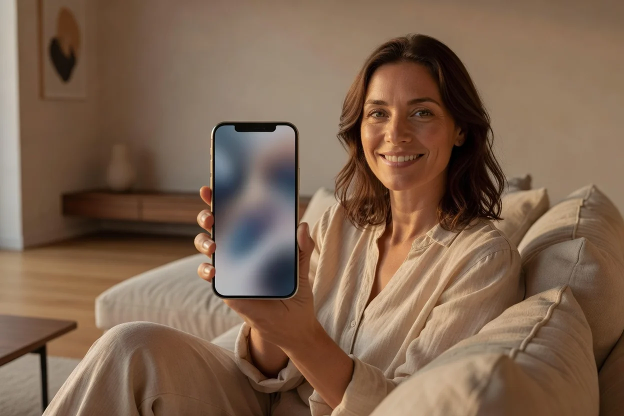 Femme souriante de 42 ans assise dans son canapé montrant un smartphone à écran flouté, illustrant l'utilisation d'eDarling sur le navigateur mobile