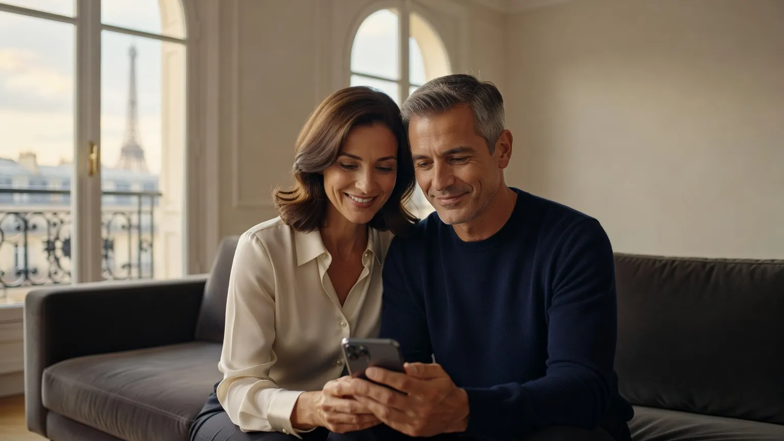 Couple élégant utilisant l'application eDarling Pro sur smartphone - rencontre sérieuse en ligne