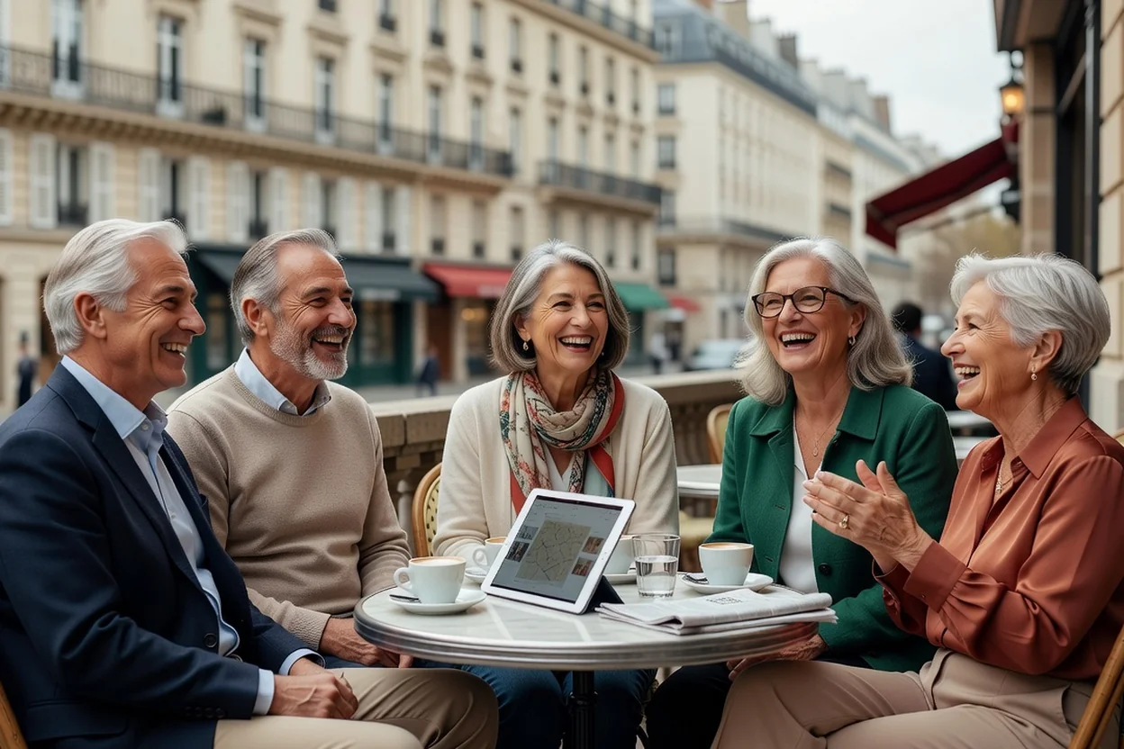 Groupe de cinq seniors souriants discutant autour d'un café en terrasse parisienne, une tablette posée sur la table
