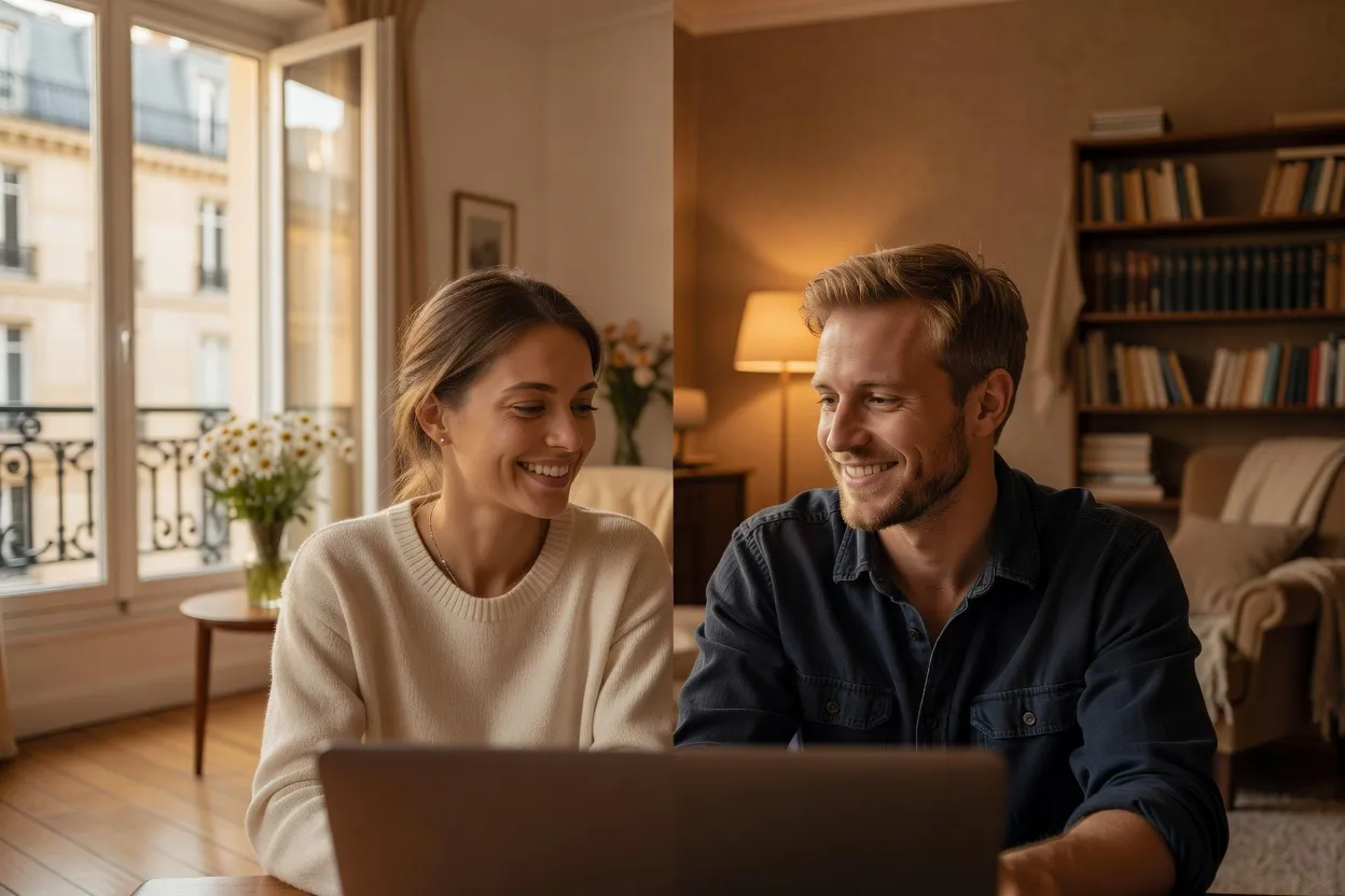 Jeune couple européen en visioconférence, la femme dans un appartement parisien lumineux et l'homme dans un salon cosy, tous deux souriants à l'écran