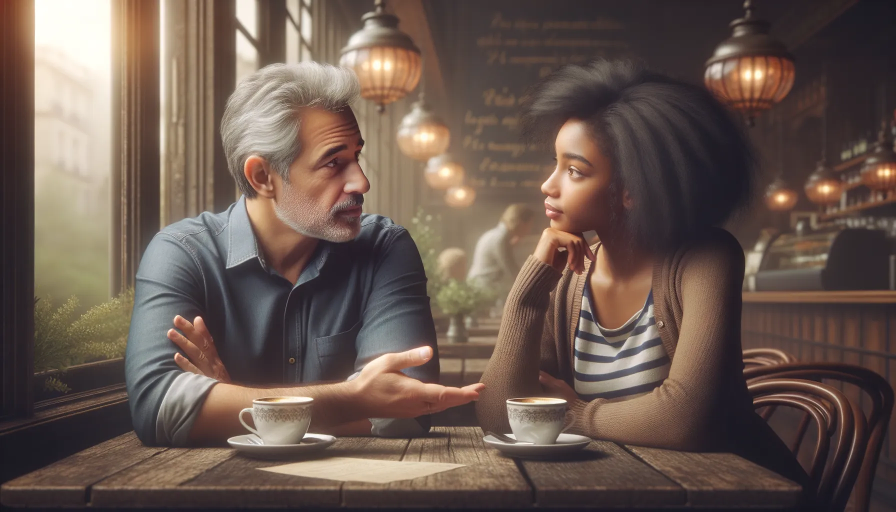 Couple avec ecart d age qui discute dans un cafe parisien