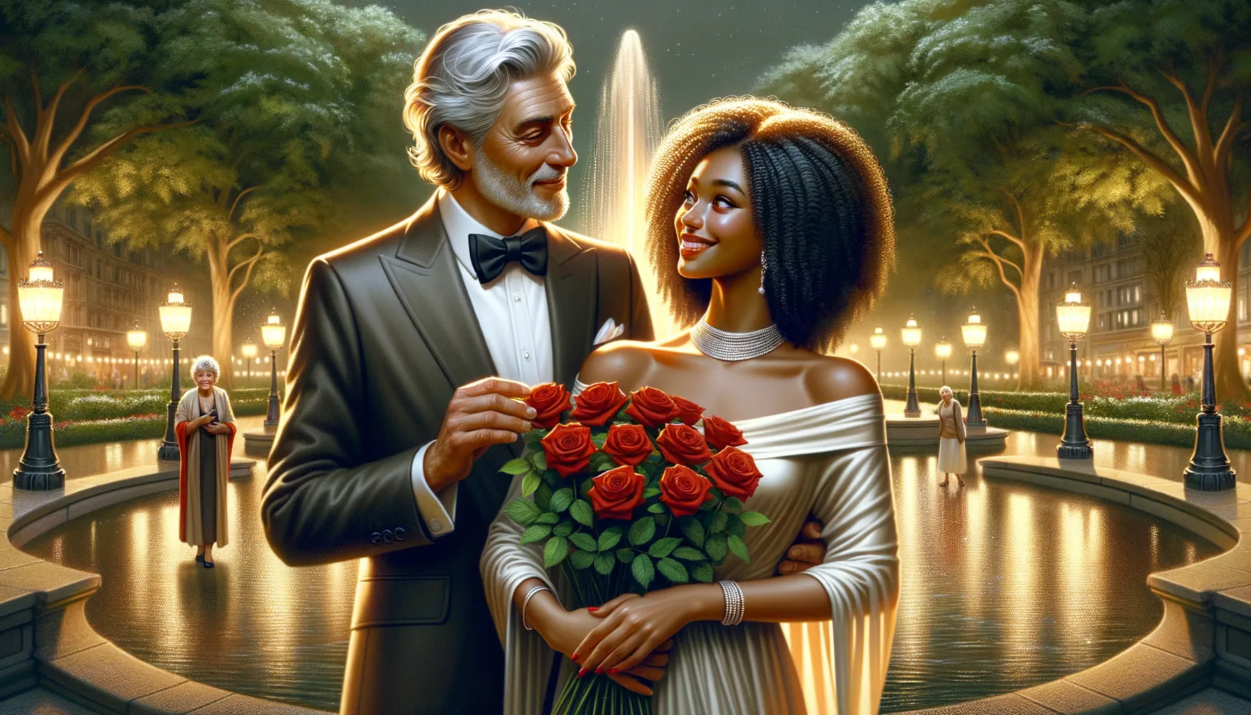 Homme elegant de 50 ans offrant des fleurs a une jeune femme souriante