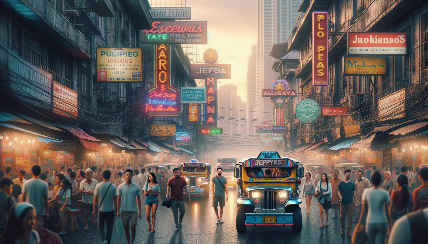 Scene de rue a Manille avec touristes occidentaux et population locale