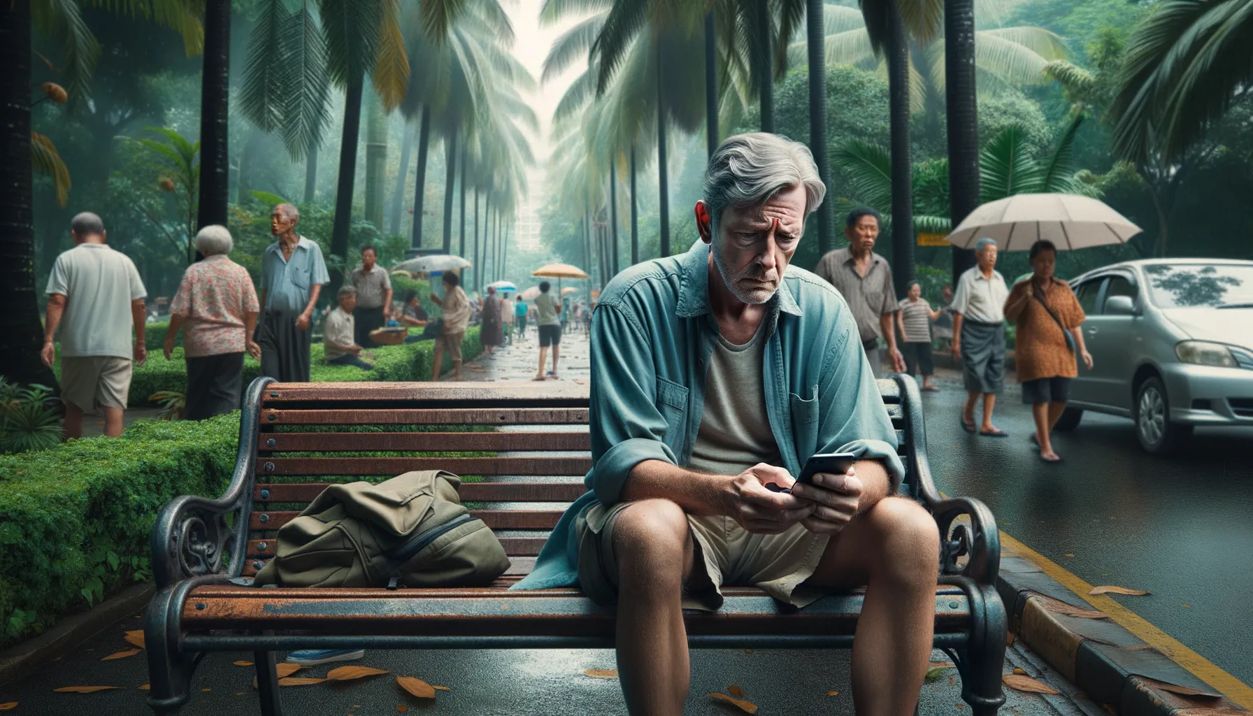 Homme occidental pensif dans un cafe de Manille, regardant par la fenetre