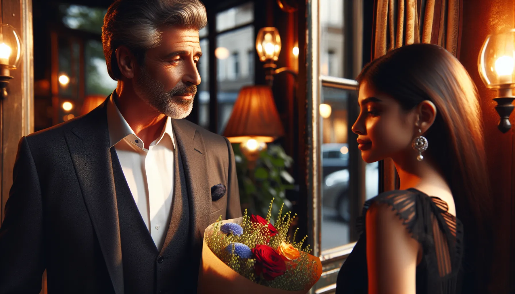 Homme elegant de 50 ans offrant des fleurs a une jeune femme souriante