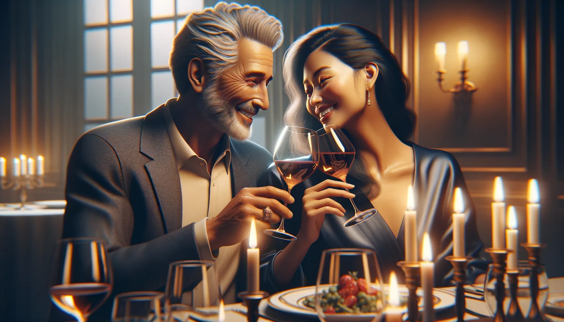 Couple avec ecart d age partageant un moment complice au restaurant