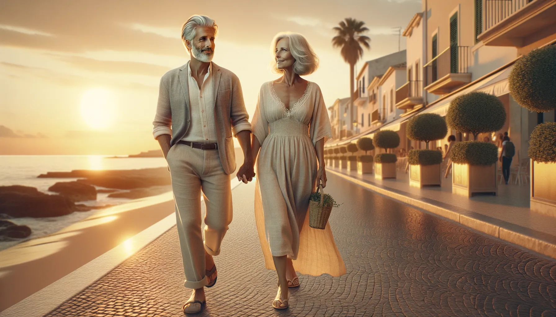 Couple epanoui avec ecart d age marchant main dans la main au coucher du soleil