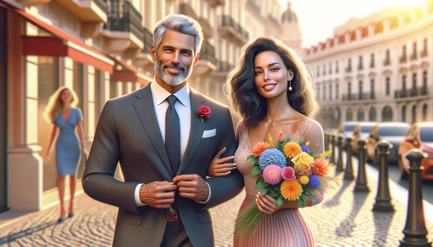 Couple heureux avec ecart d age - homme mur et femme plus jeune se promenant